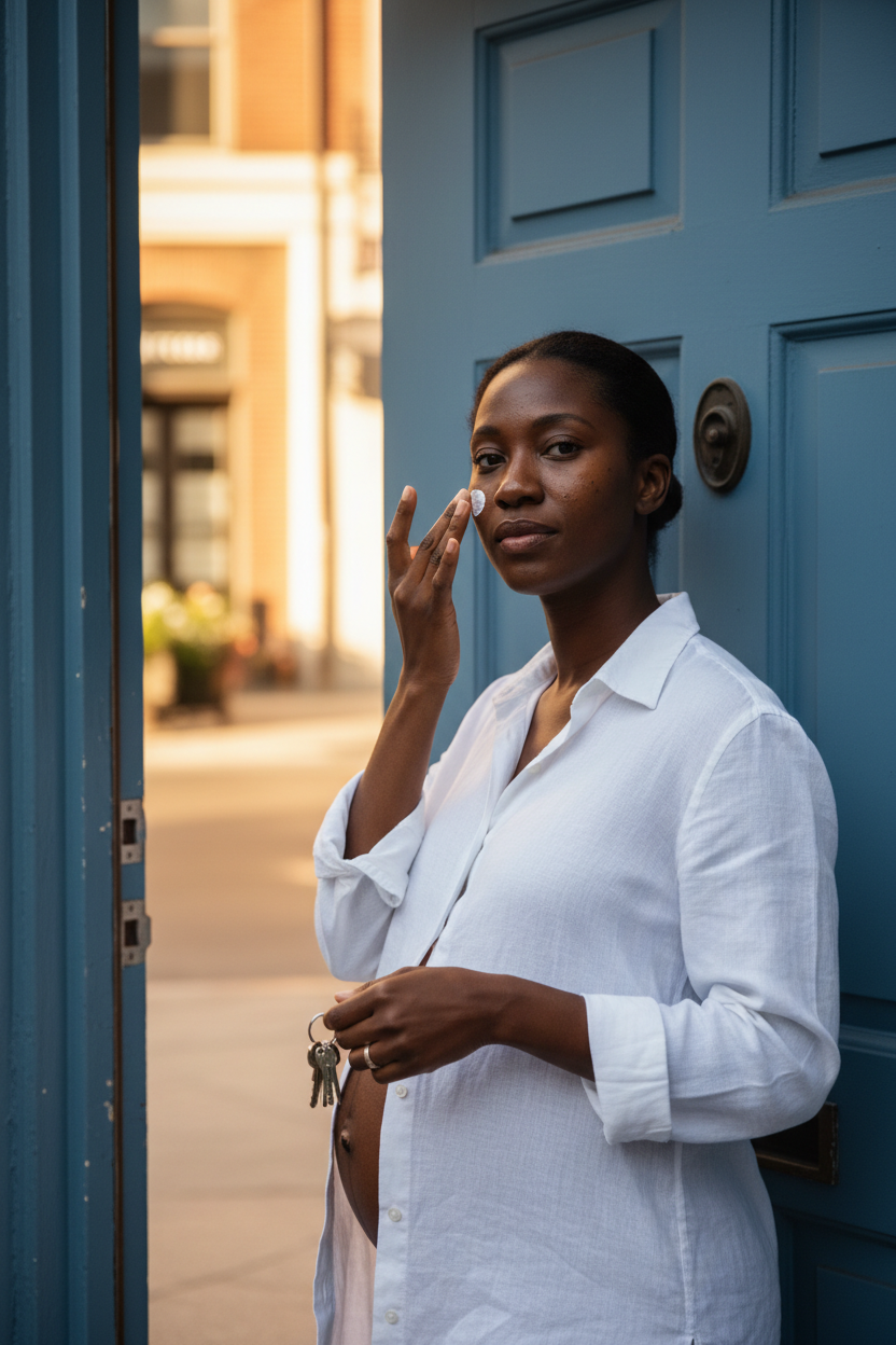 Pregnant Black woman applying sunscreen in open shade by a blue apartment doorway for pigmentation protection.