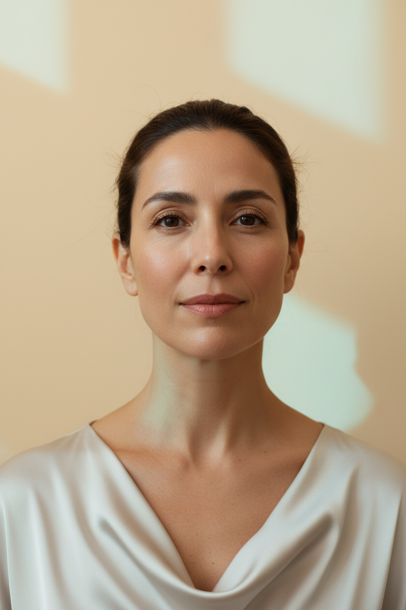 Latina woman in her mid-30s with subtle early aging signs and realistic skin texture against warm ivory and pale aqua light.