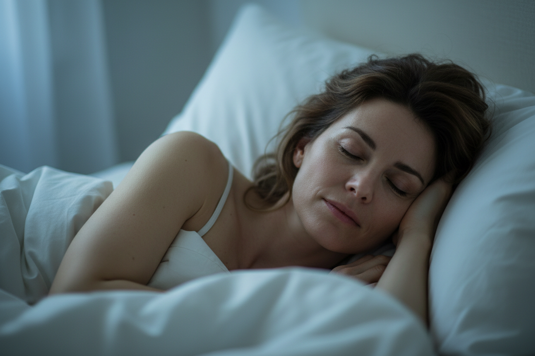 Woman with faint under-eye shadows and gentle puffiness resting in soft dawn light for sleep deprivation skin aging.