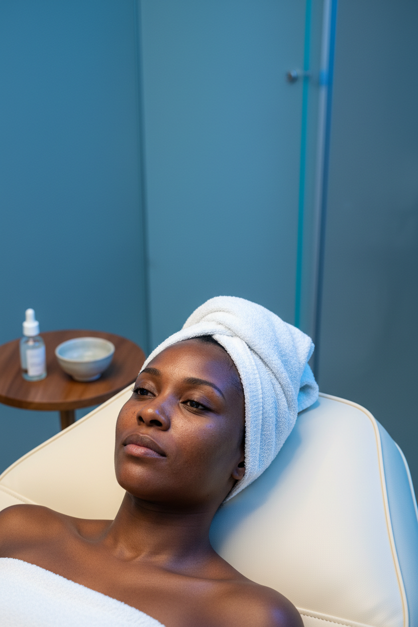 Black woman resting after a chemical peel with realistic skin texture in a cool blue clinical recovery room.