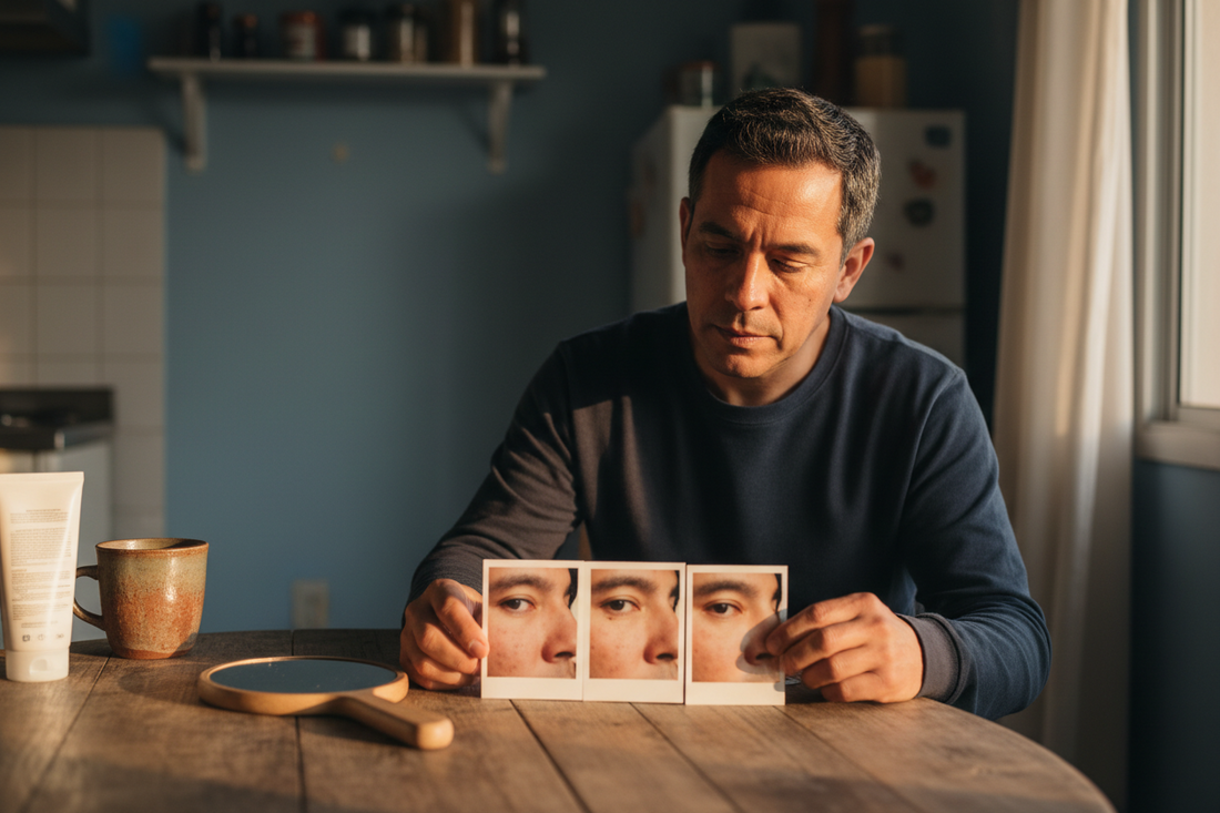Latino man with faint dark spots reviewing progress photos at a sunlit apartment table for hyperpigmentation fading.