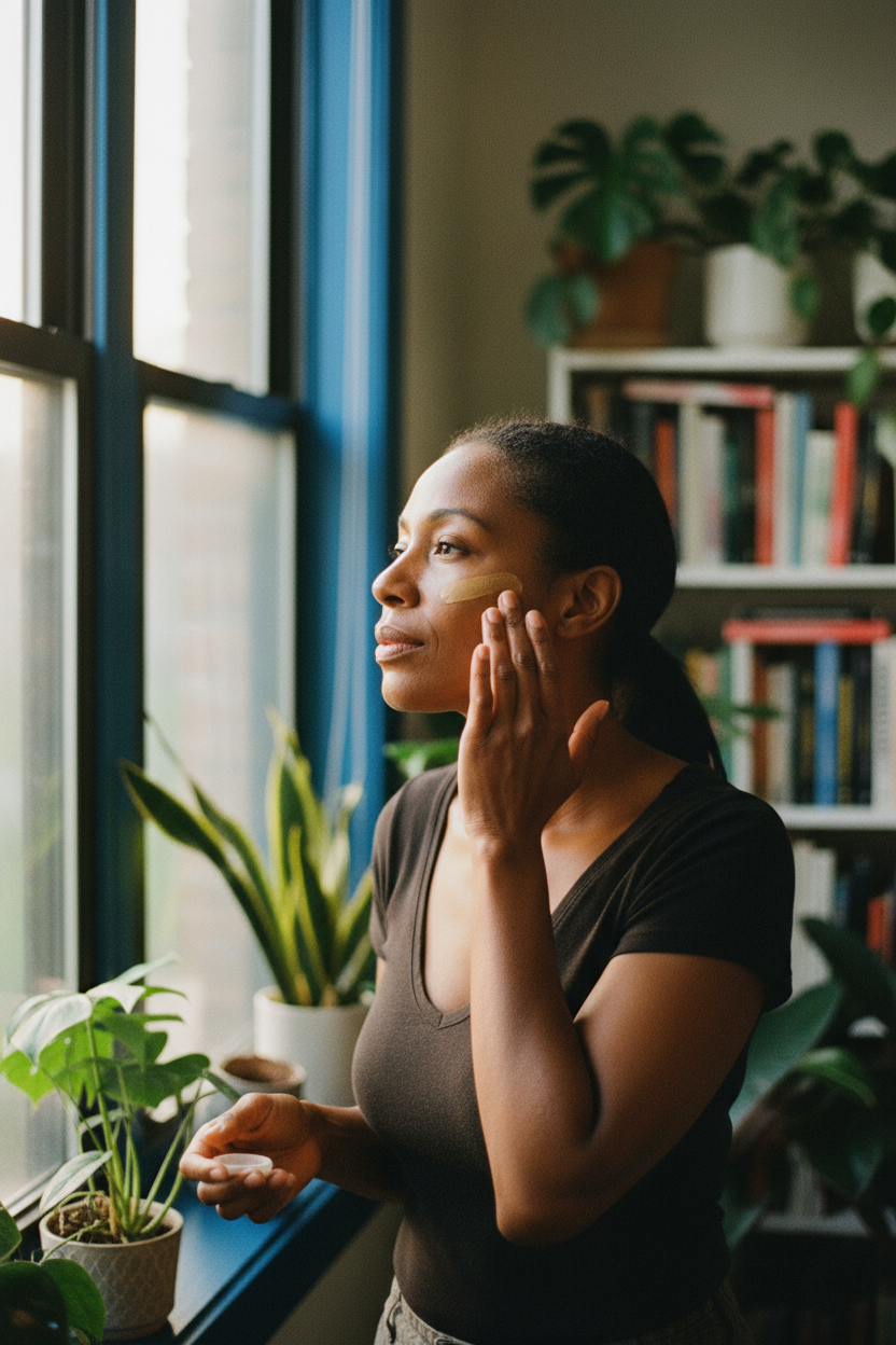 Black woman with deep brown skin applying tinted sunscreen beside a cobalt apartment window for darker skin tone hyperpigmentation care.