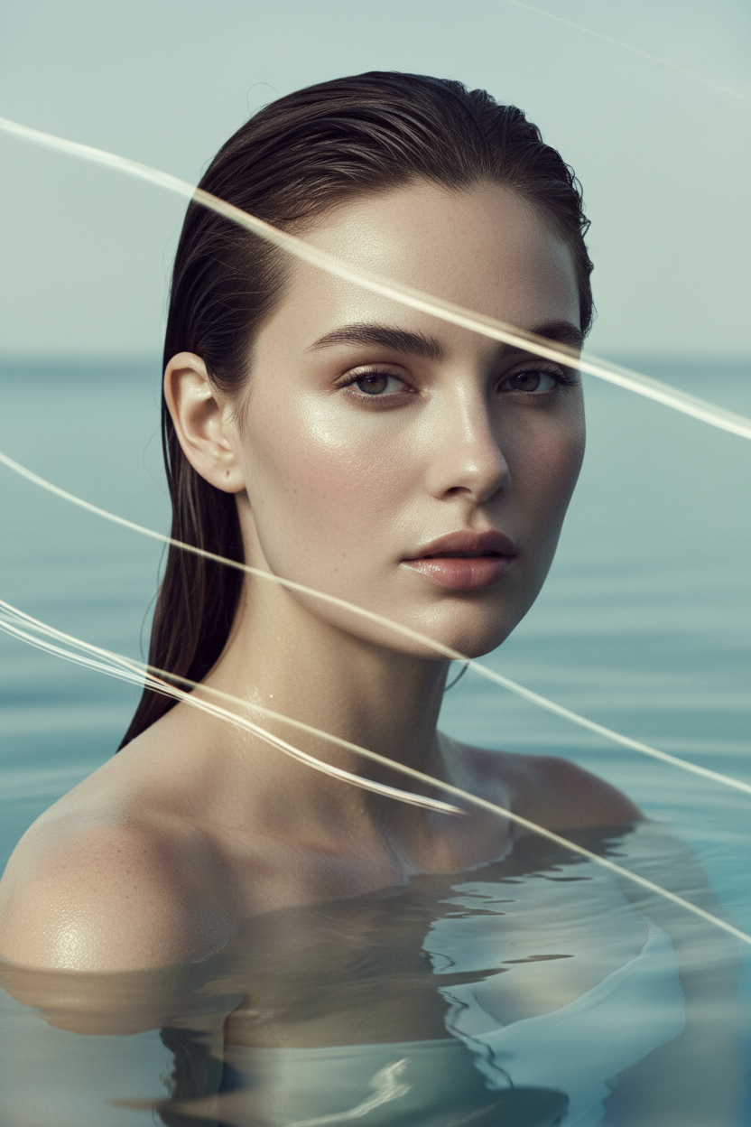 Woman with cool glassy skin near water and chrome reflections in muted blue clinical light.