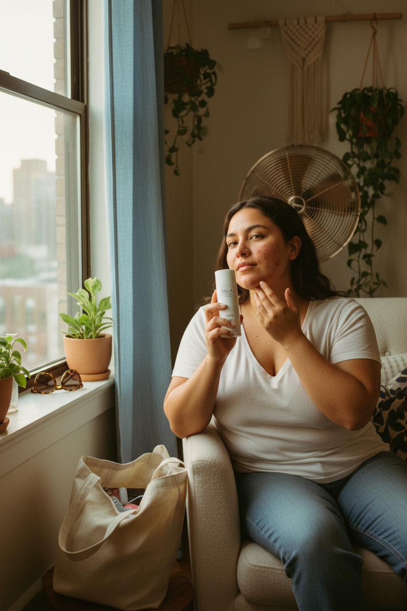 Latina woman with visible dark spots holding sunscreen by a warm apartment window after sun and heat exposure.