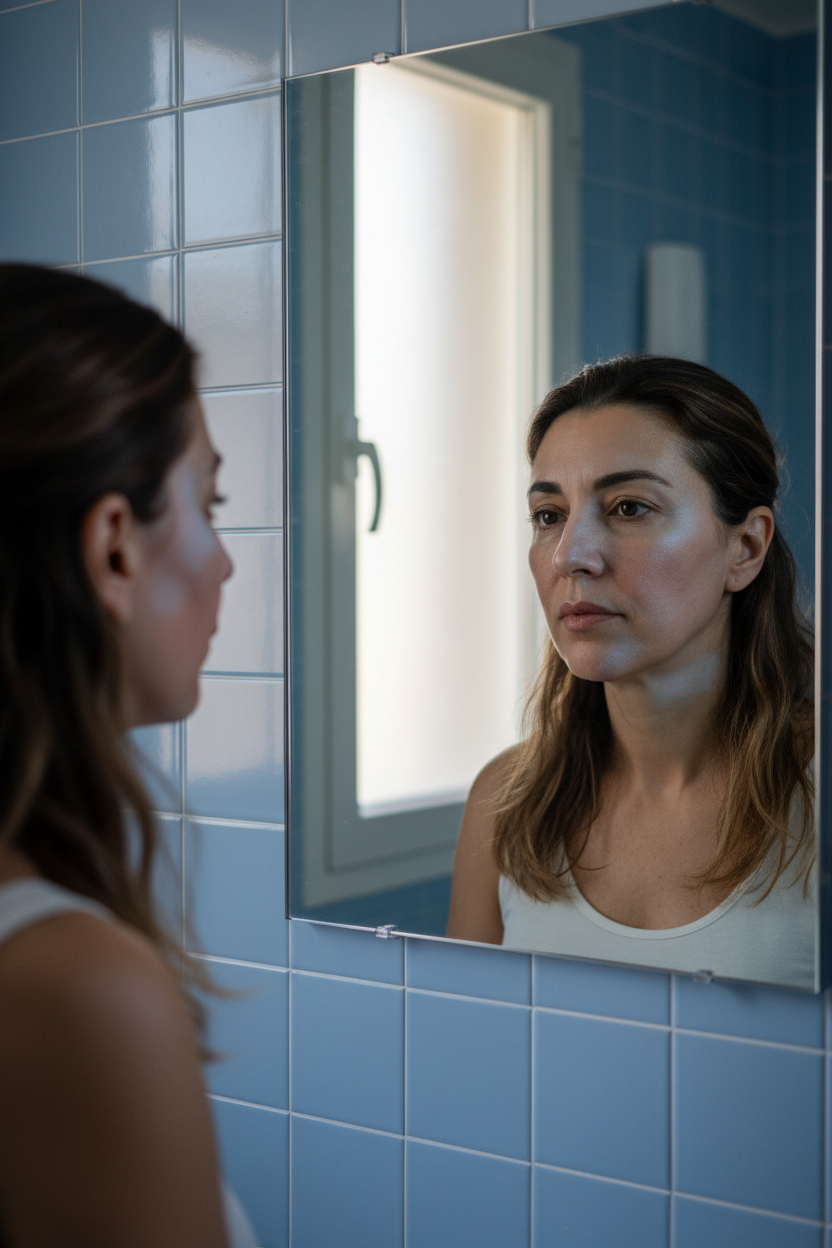 Middle Eastern woman reading puffiness and faint redness in a cool blue bathroom mirror with realistic skin texture.