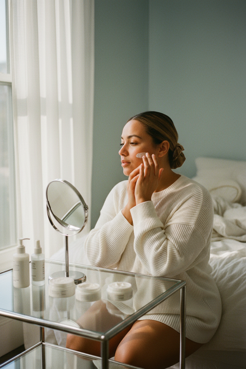 Curvy mixed-race woman applying sunscreen by a bedroom window for an uneven skin tone skincare routine.