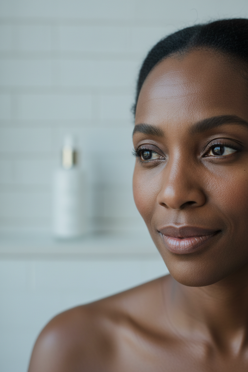 Black woman in her early 40s with realistic skin texture and soft signs of stress aging in cool clinical skincare light.