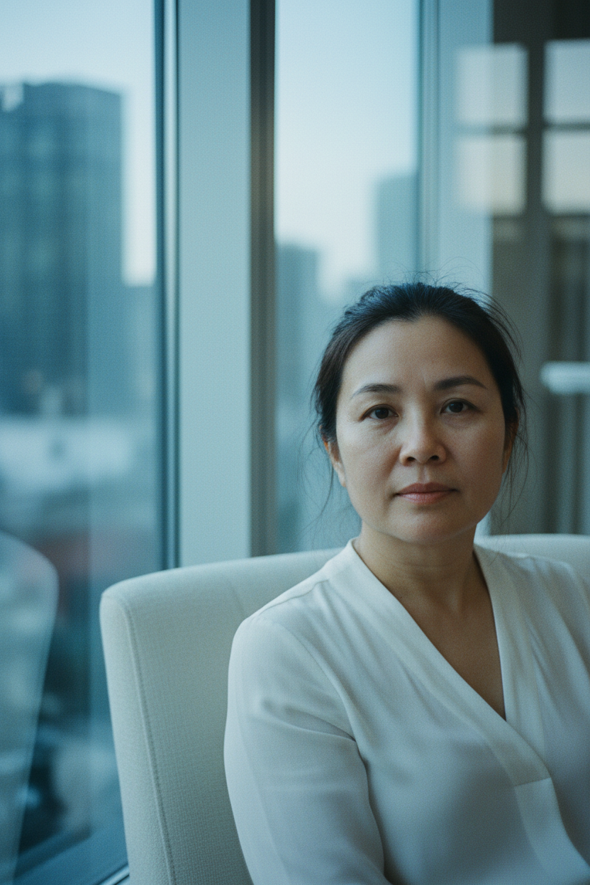 Filipina woman with soft cortisol-related facial puffiness and realistic skin texture beside an icy blue dawn window.