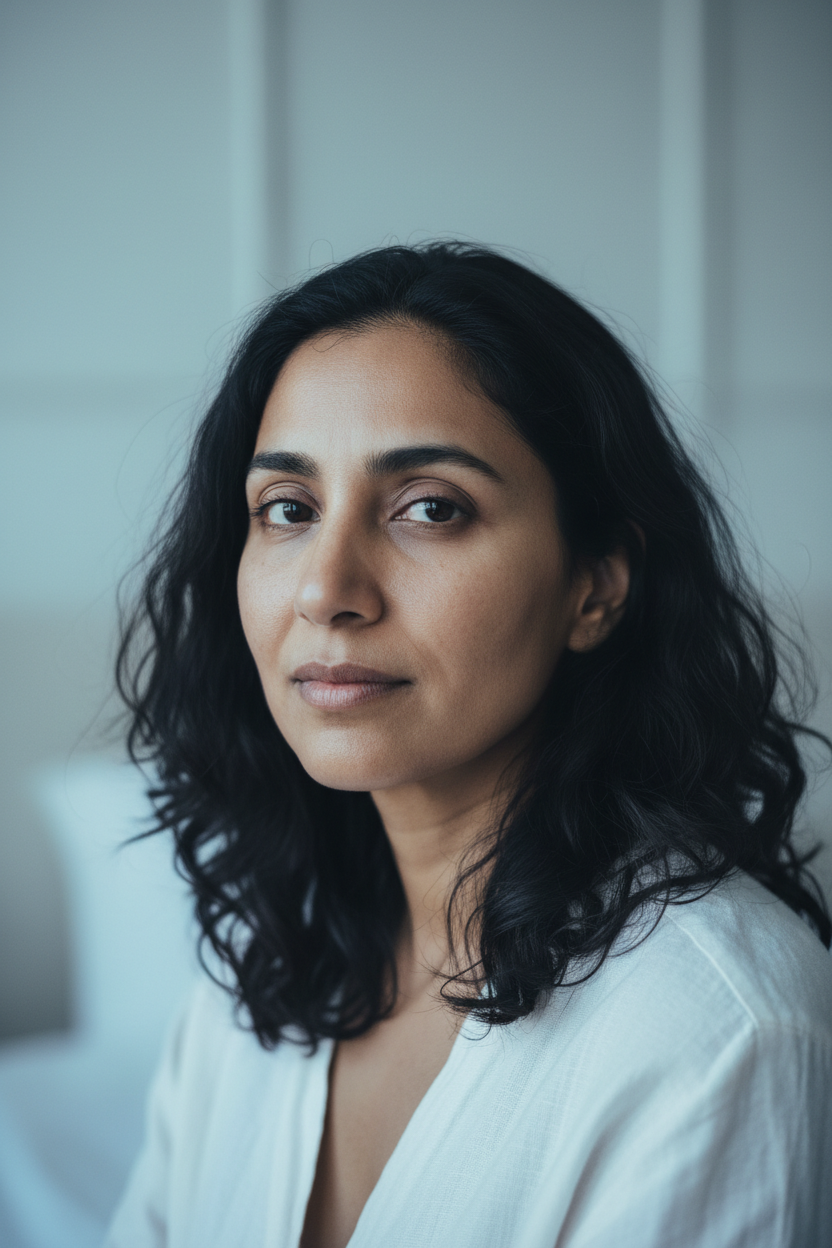 South Asian woman with gentle morning puffiness, faint under-eye shadows, and natural skin texture in soft blue morning light.