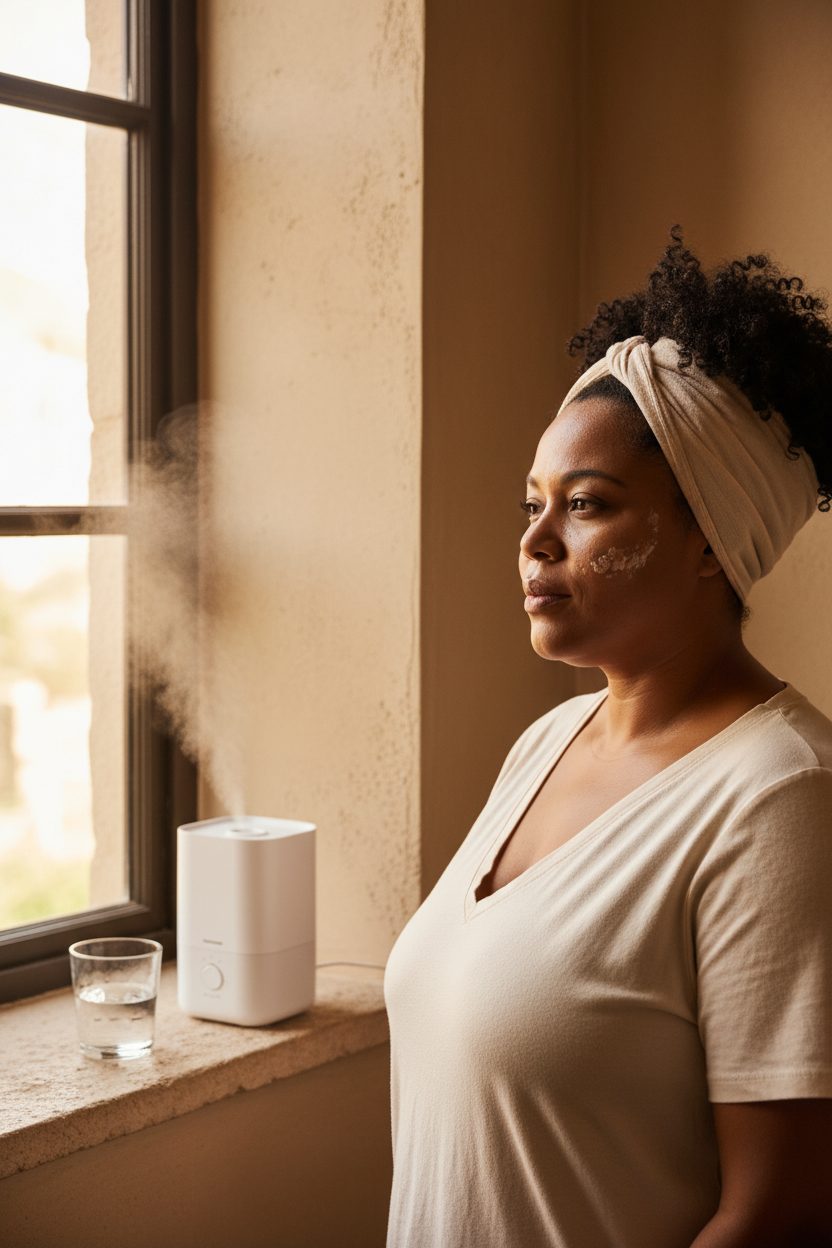 Afro-Caribbean woman with dry tight-looking skin beside a humidifier and warm bathroom window for transepidermal water loss.