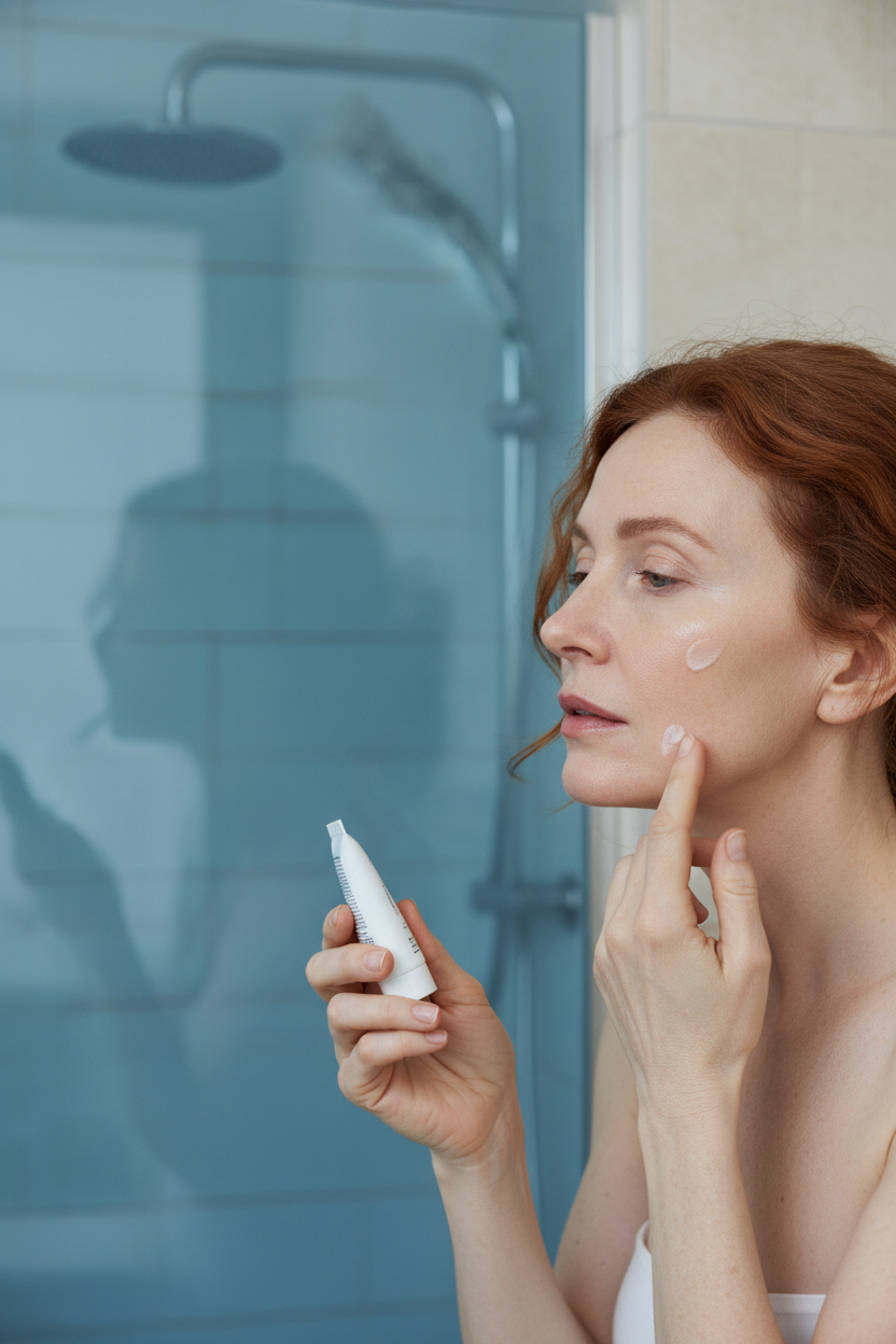 Fair-skinned older woman with tight dehydrated skin applying moisturizer in damp blue-glass bathroom light.