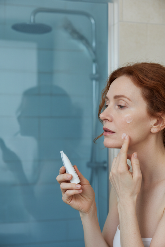 Fair-skinned older woman with tight dehydrated skin applying moisturizer in damp blue-glass bathroom light.