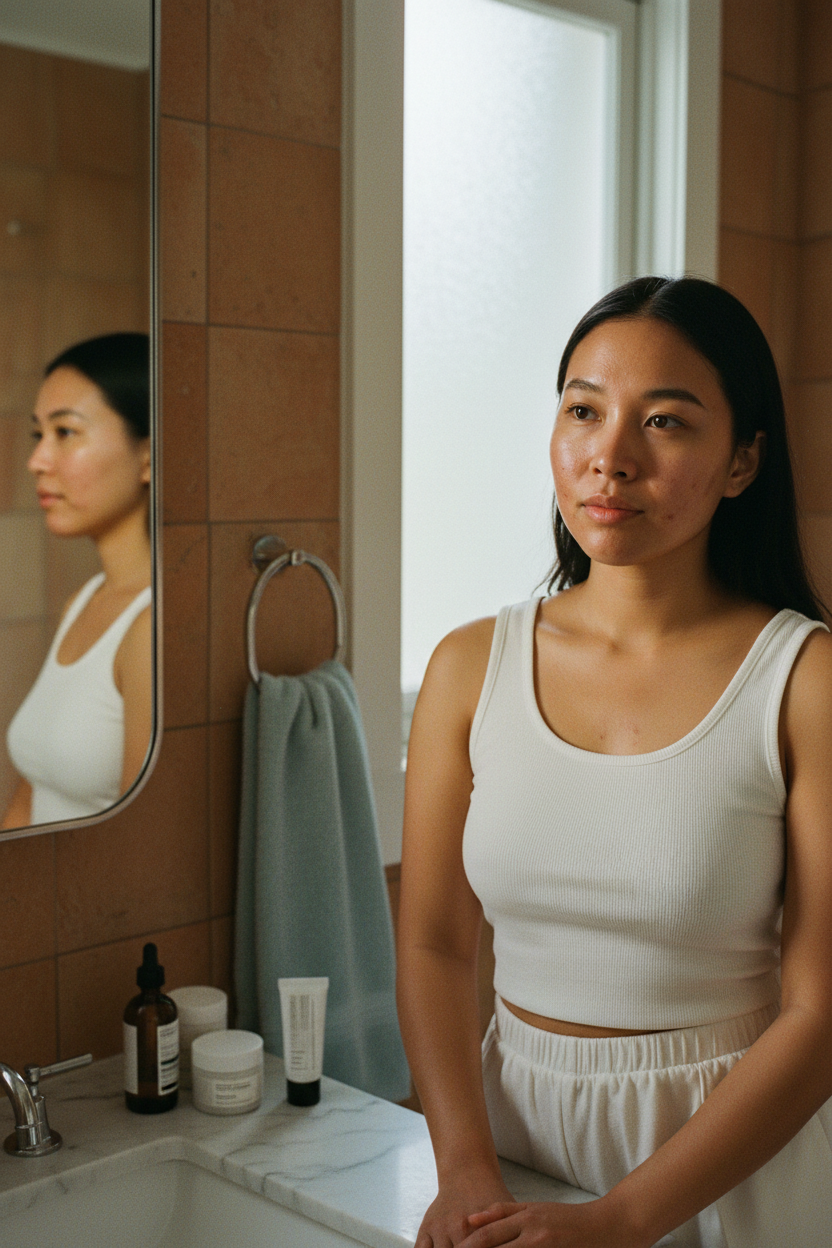 Southeast Asian person with realistic flat acne marks and healing blemishes in warm bathroom morning light.