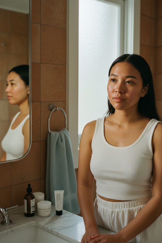 Southeast Asian person with realistic flat acne marks and healing blemishes in warm bathroom morning light.