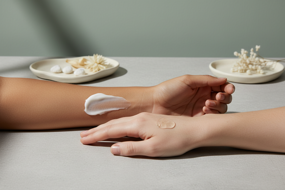 Two forearms with cream and serum textures comparing ceramides and peptides for barrier repair.
