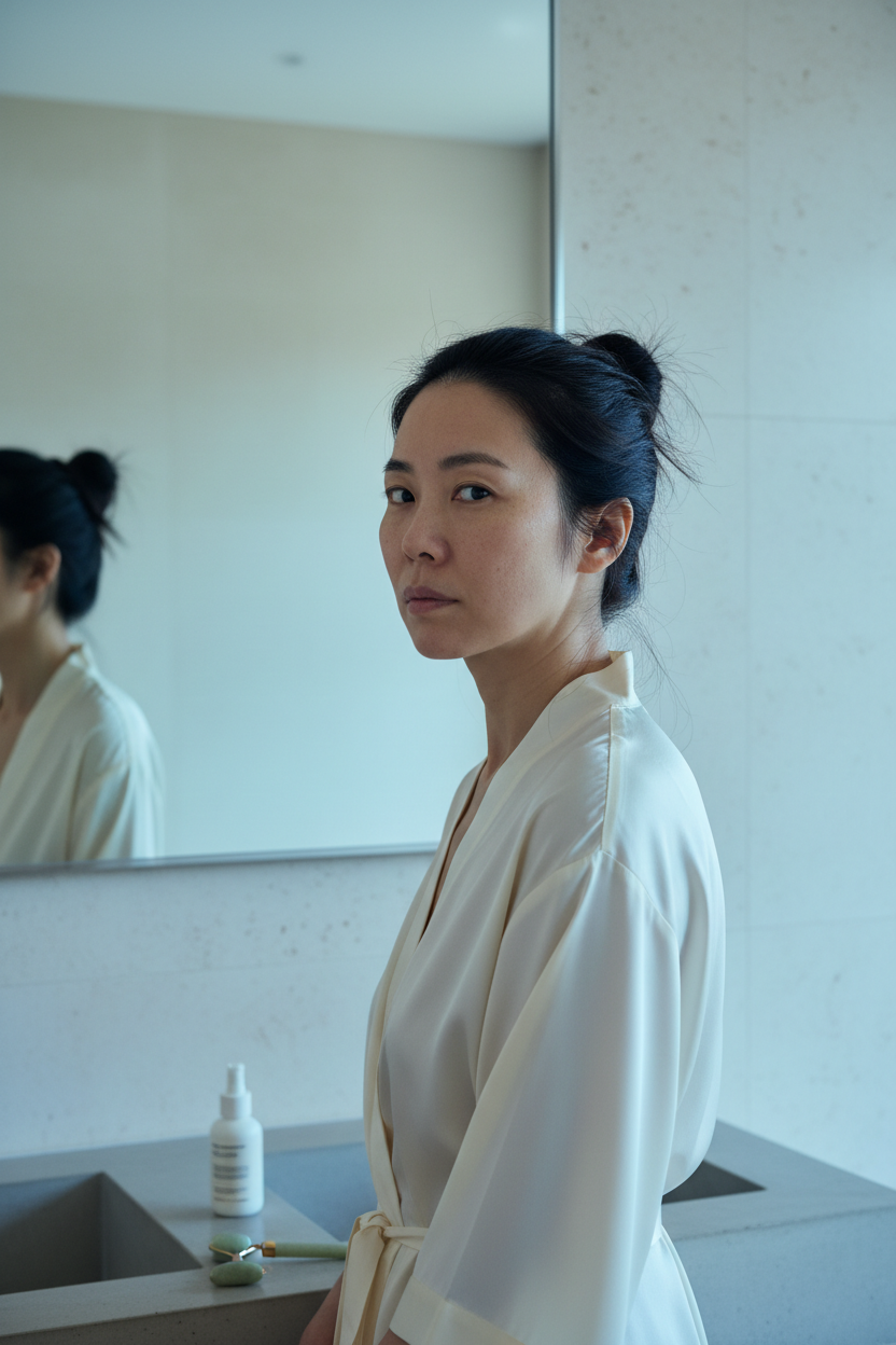 East Asian woman with tired overworked skin, mild puffiness, and realistic texture in cool morning light.