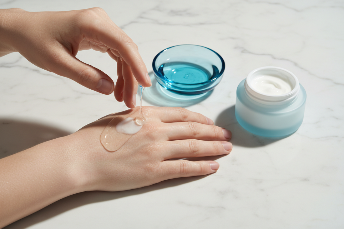 Hands layering serum and cream on realistic textured skin beside blue glass skincare dishes on white marble.