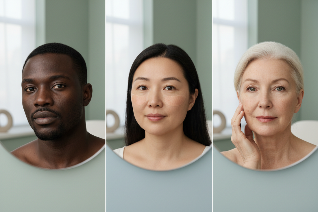 Three adults with melasma patches, post-inflammatory dark marks, and sun spots in a muted clinical skincare setting.