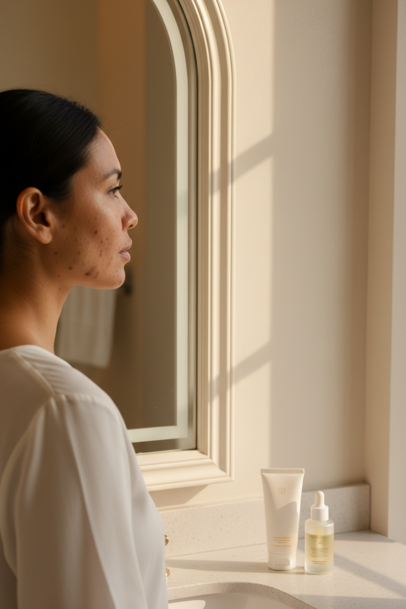 Pacific Islander woman with realistic dark spots and uneven tone in warm bathroom light for hyperpigmentation treatment.