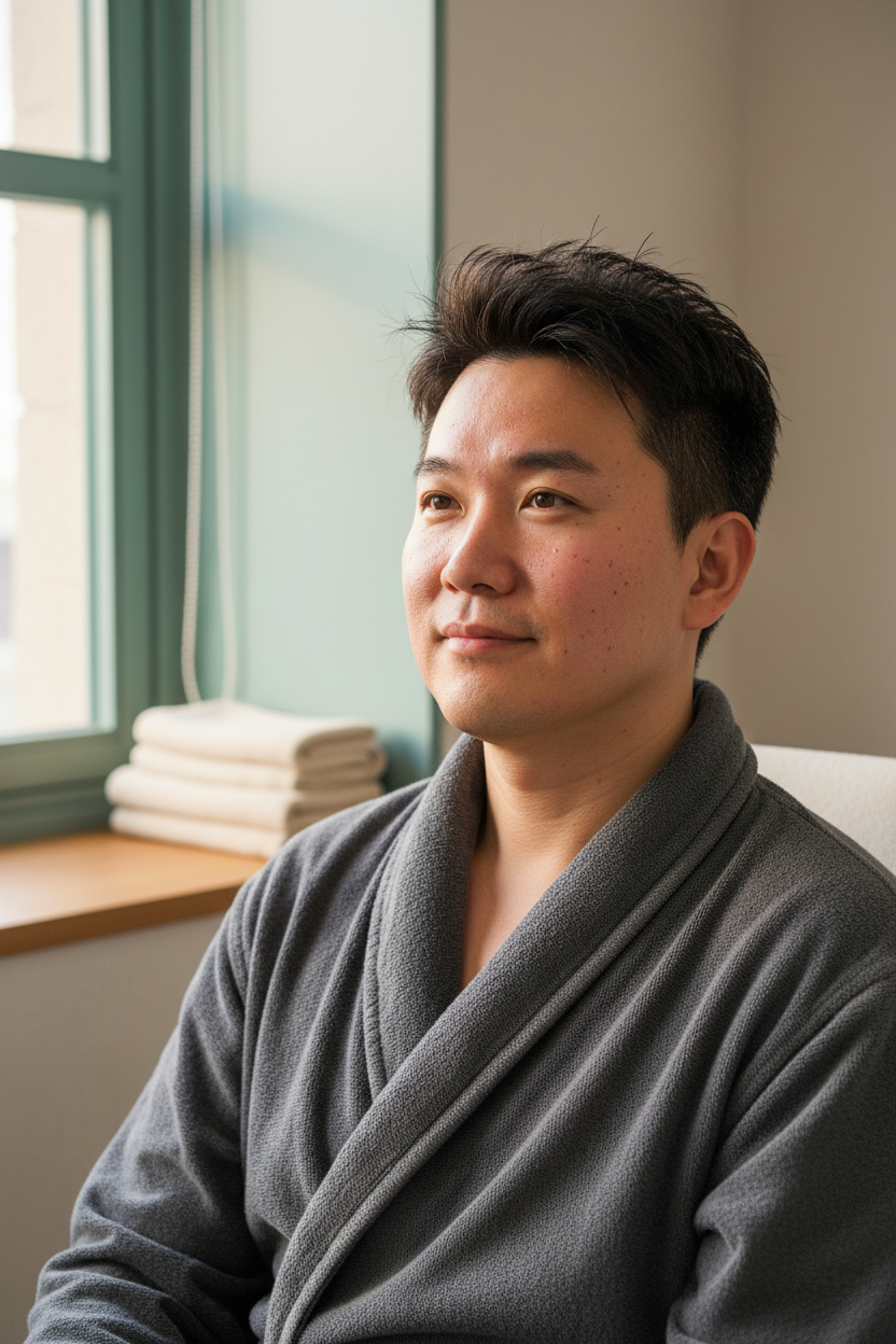 East Asian man with mild post-microneedling redness and visible treatment marks in a muted green-blue recovery room.