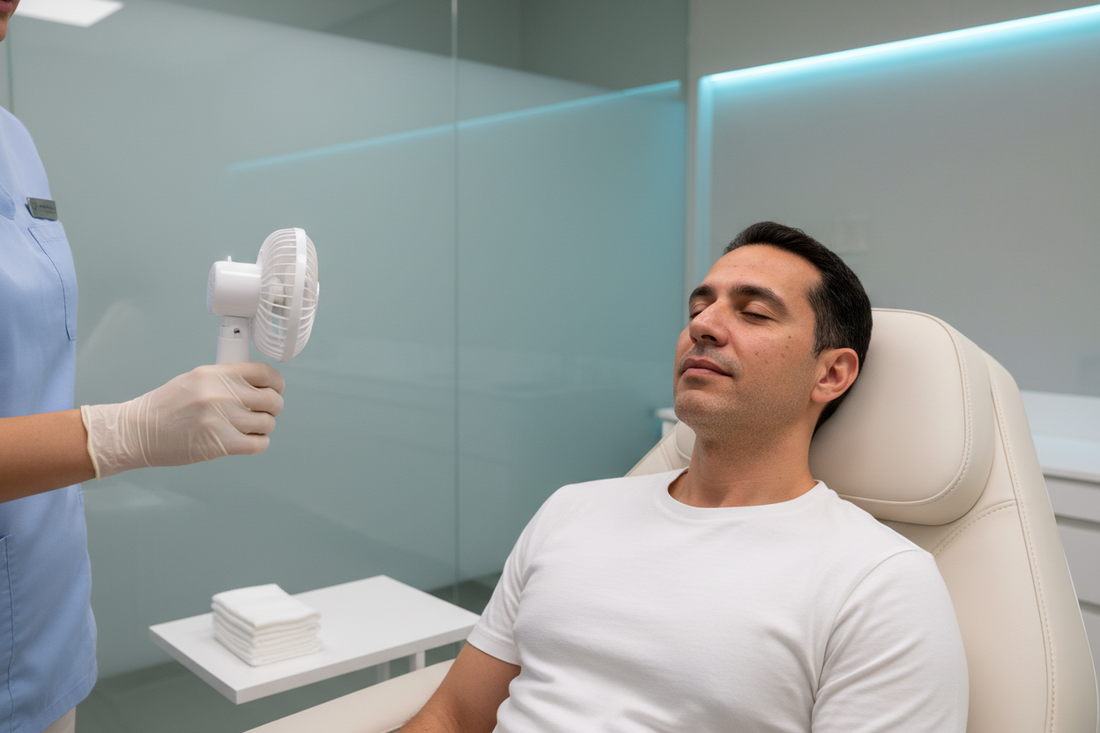 Middle Eastern man resting after a chemical peel for hyperpigmentation in a cool clinical recovery room.