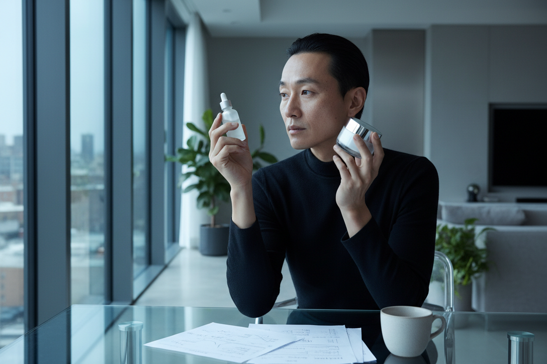 East Asian man comparing a clinical dropper and commercial skincare jar at a cool glass apartment table.