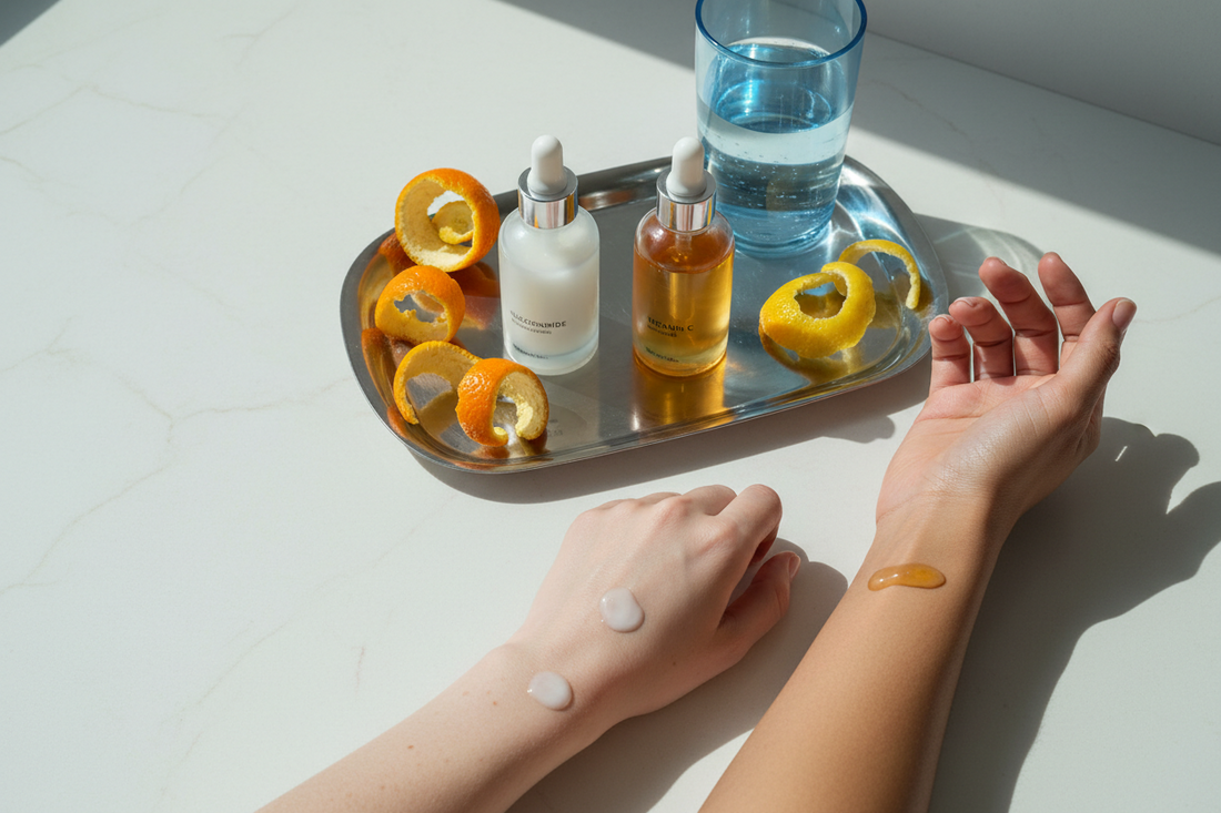 Two serum textures on different skin tones with unbranded niacinamide and vitamin C bottles for pigmentation care.