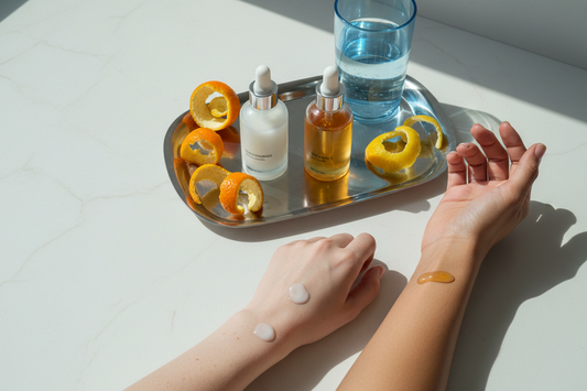 Two serum textures on different skin tones with unbranded niacinamide and vitamin C bottles for pigmentation care.