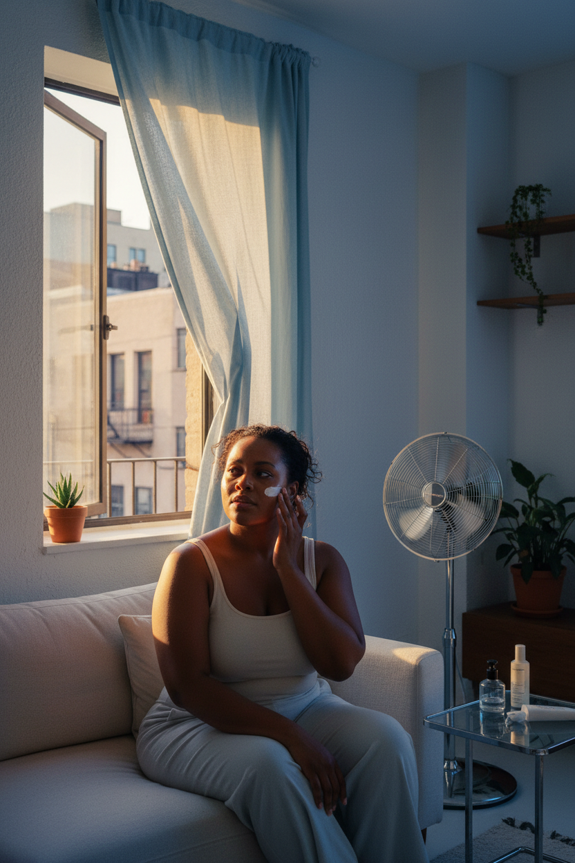 Black woman applying sunscreen by an open apartment window with faint returning dark spots for recurring hyperpigmentation.