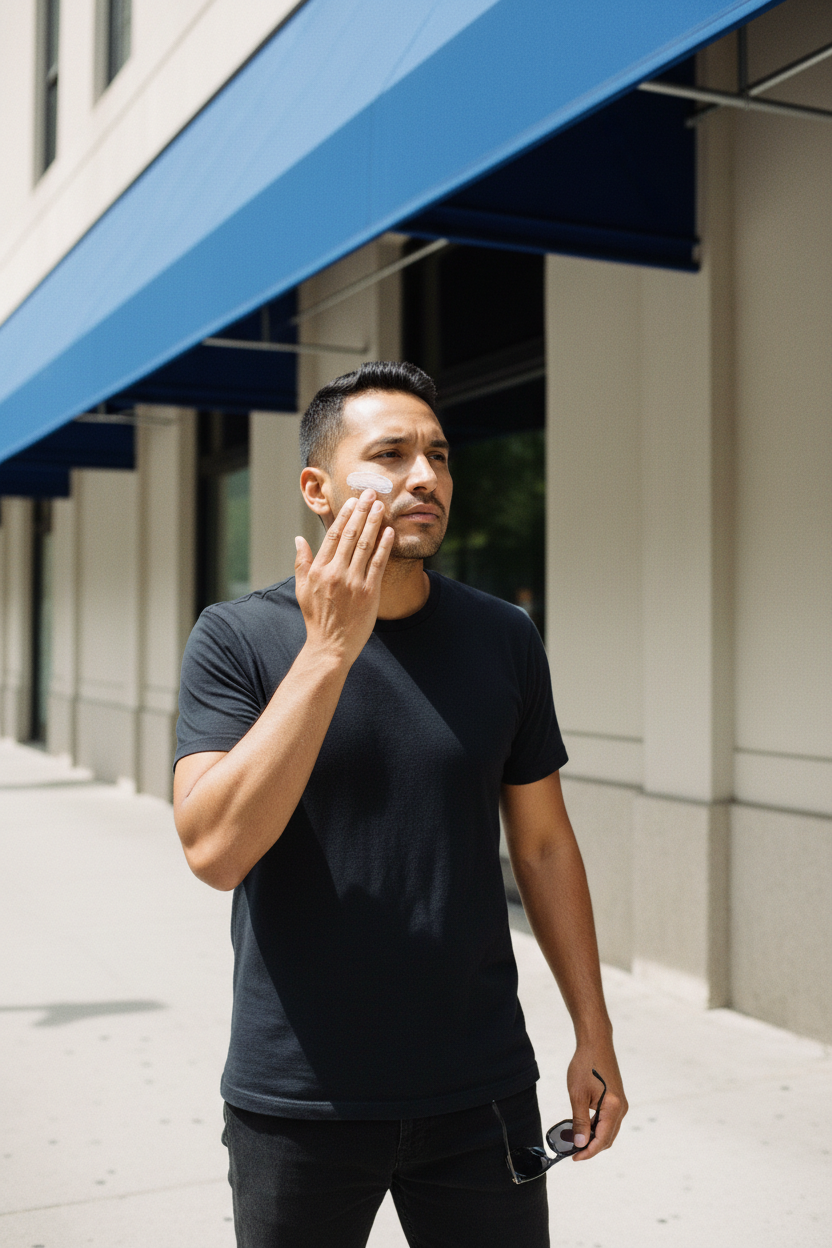 Man applying sunscreen in open shade under a blue awning to help prevent hyperpigmentation and dark spots.