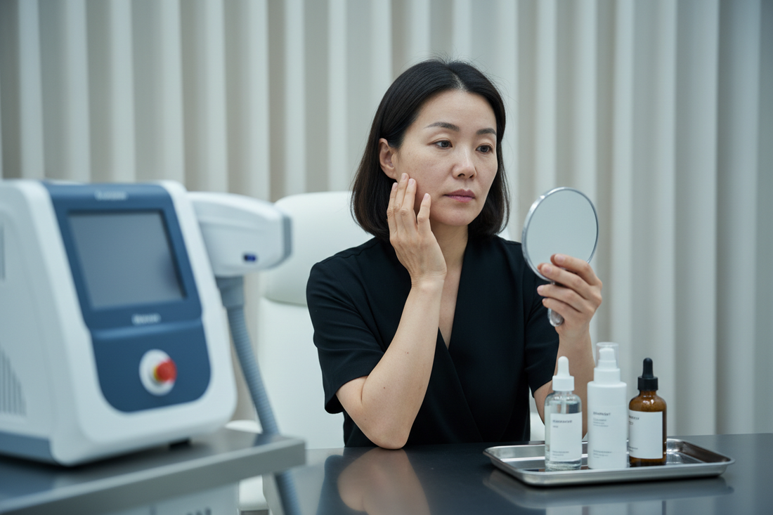 Korean woman comparing laser treatment and skincare for pigmentation in a blue-gray dermatology studio.