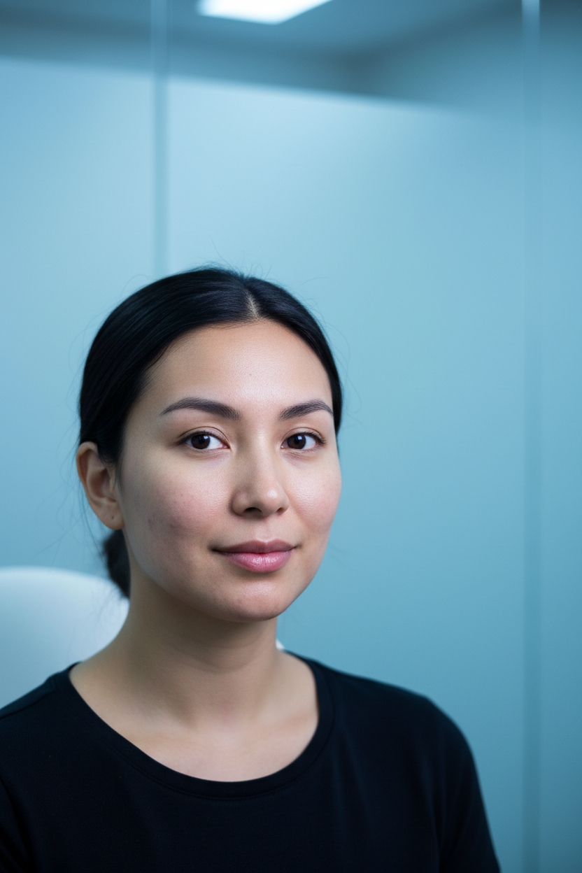 Woman with realistic cystic acne texture along the jaw and lower cheek in cool blue dermatology room light.