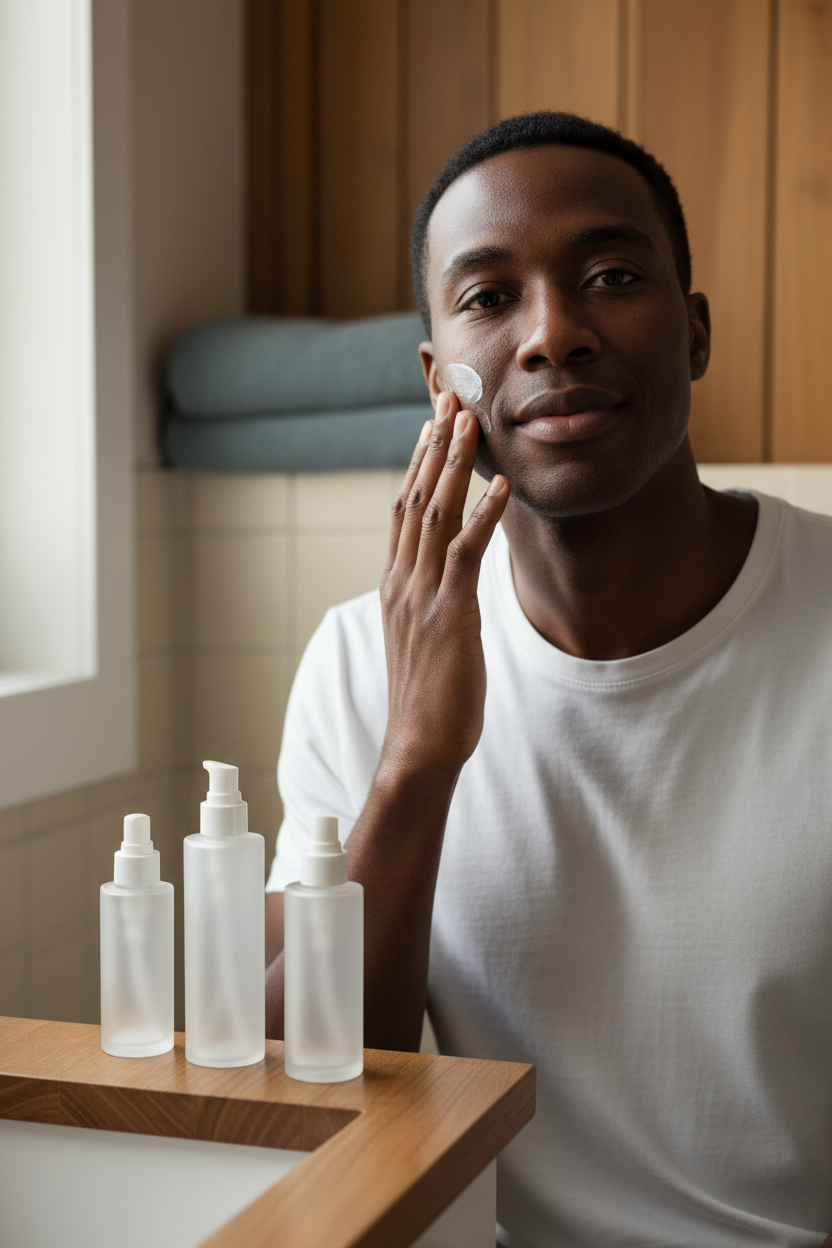 Black man applying moisturizer beside three simple skincare products in a warm bathroom for a minimal routine.