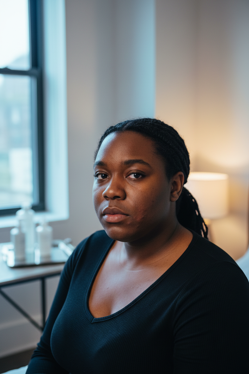 Black person with realistic jawline acne and smaller cheek blemishes in mixed cool and warm apartment light.